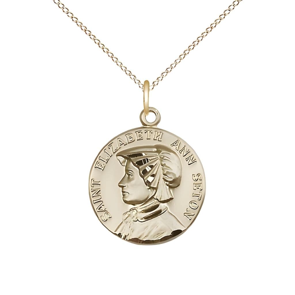 St. Elizabeth Ann Seton 14kt Gold-filled Round Medal Pendant with Gold-filled Chain, Measures 3/4-inch tall by 5/8-inch wide.