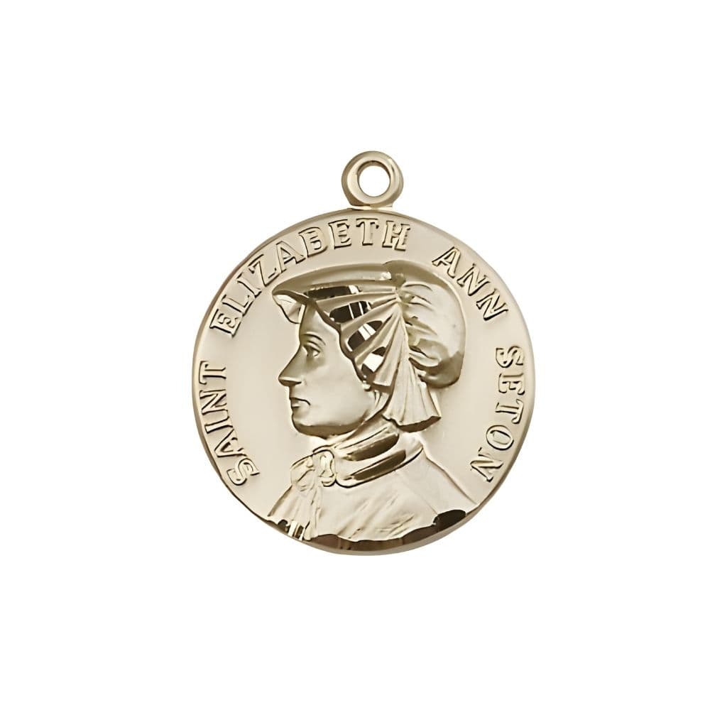 St. Elizabeth Ann Seton 14kt Gold Round Medal, Measures 3/4-inch tall by 5/8-inch wide.