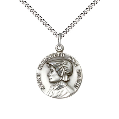 St. Elizabeth Ann Seton Pewter Round Medal Pendant with Rhodium-plated Chain, Measures 3/4-inch tall by 5/8-inch wide, Bliss Manufacturing
