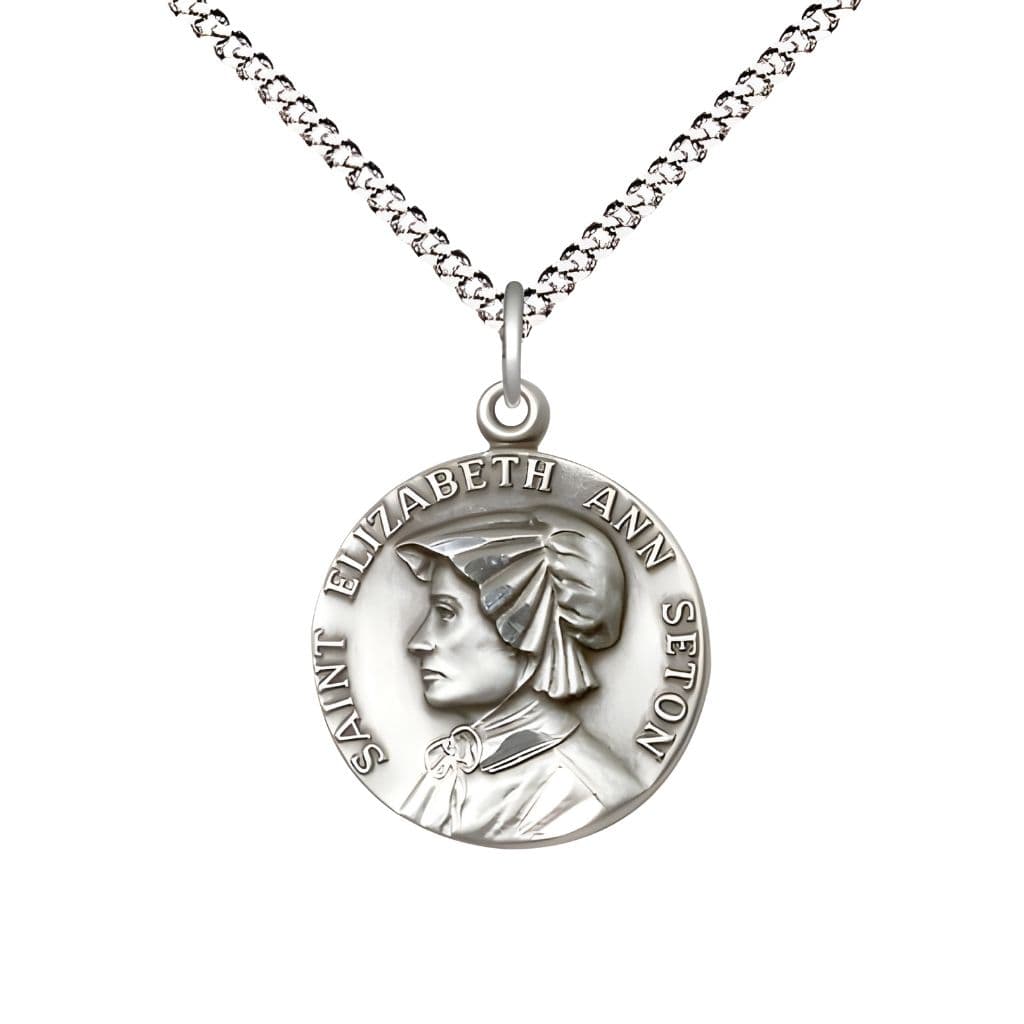 St. Elizabeth Ann Seton Sterling Silver Round Medal Pendant with Rhodium-plated Chain, Measures 3/4-inch tall by 5/8-inch wide.
