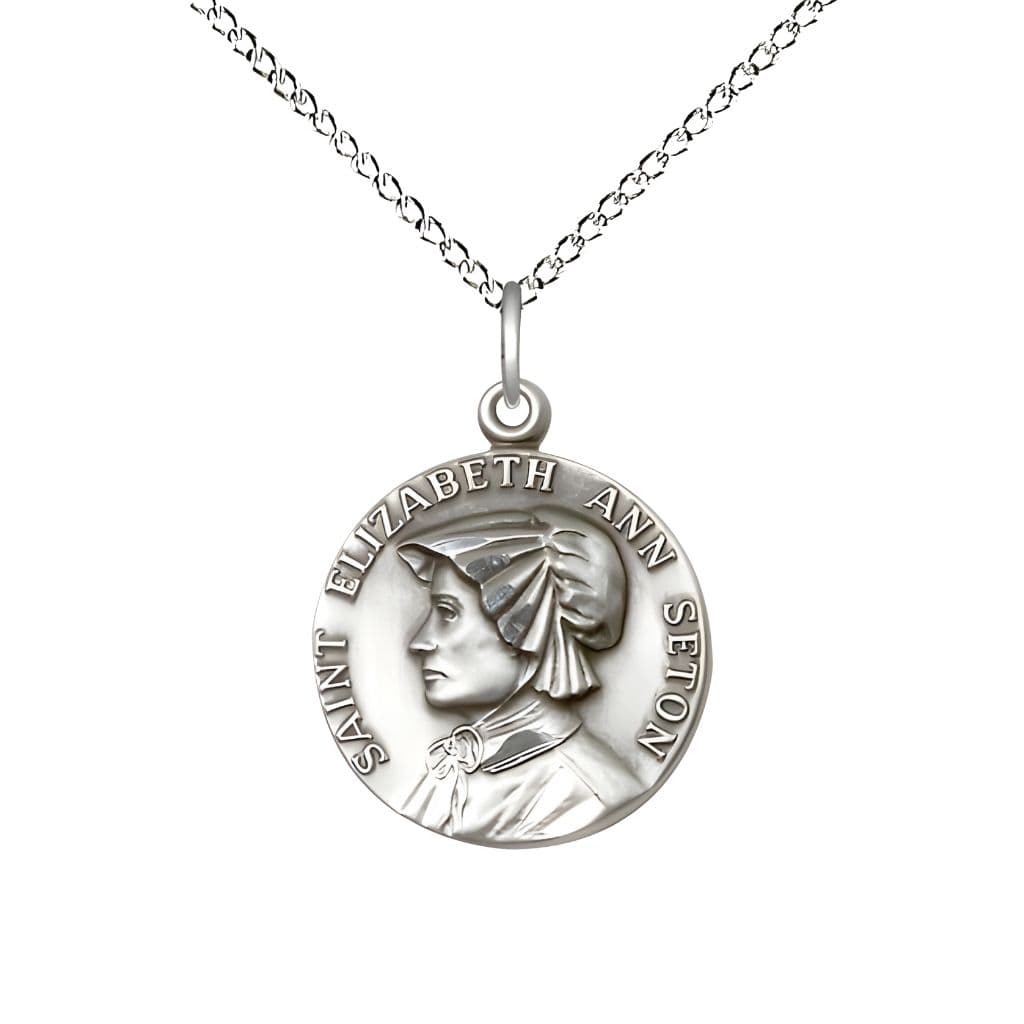 St. Elizabeth Ann Seton Sterling Silver Round Medal Pendant with Sterling Chain, Measures 3/4-inch tall by 5/8-inch wide.
