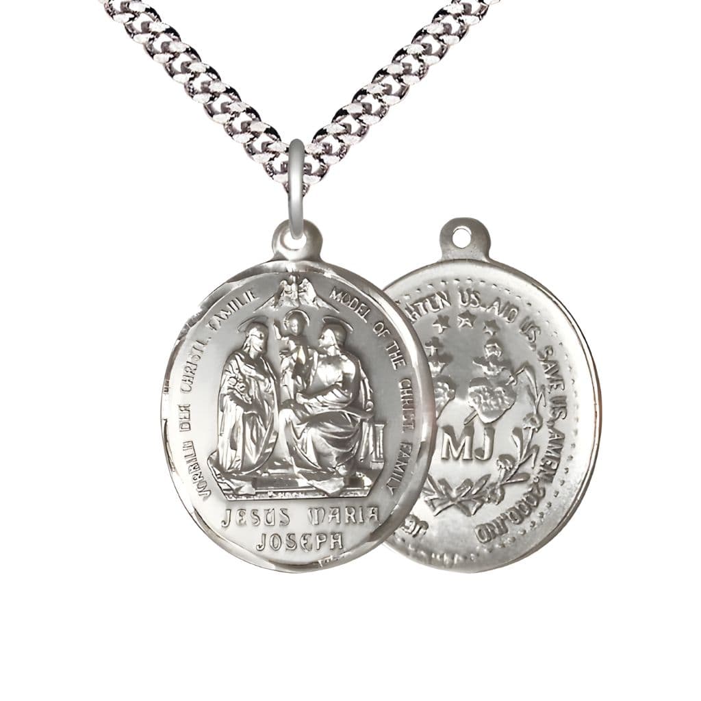 Bliss Holy Family Jesus, Maria & Joseph Pewter Medal with Plated Chain, Measures 3/4-inch tall by 1-inch wide.