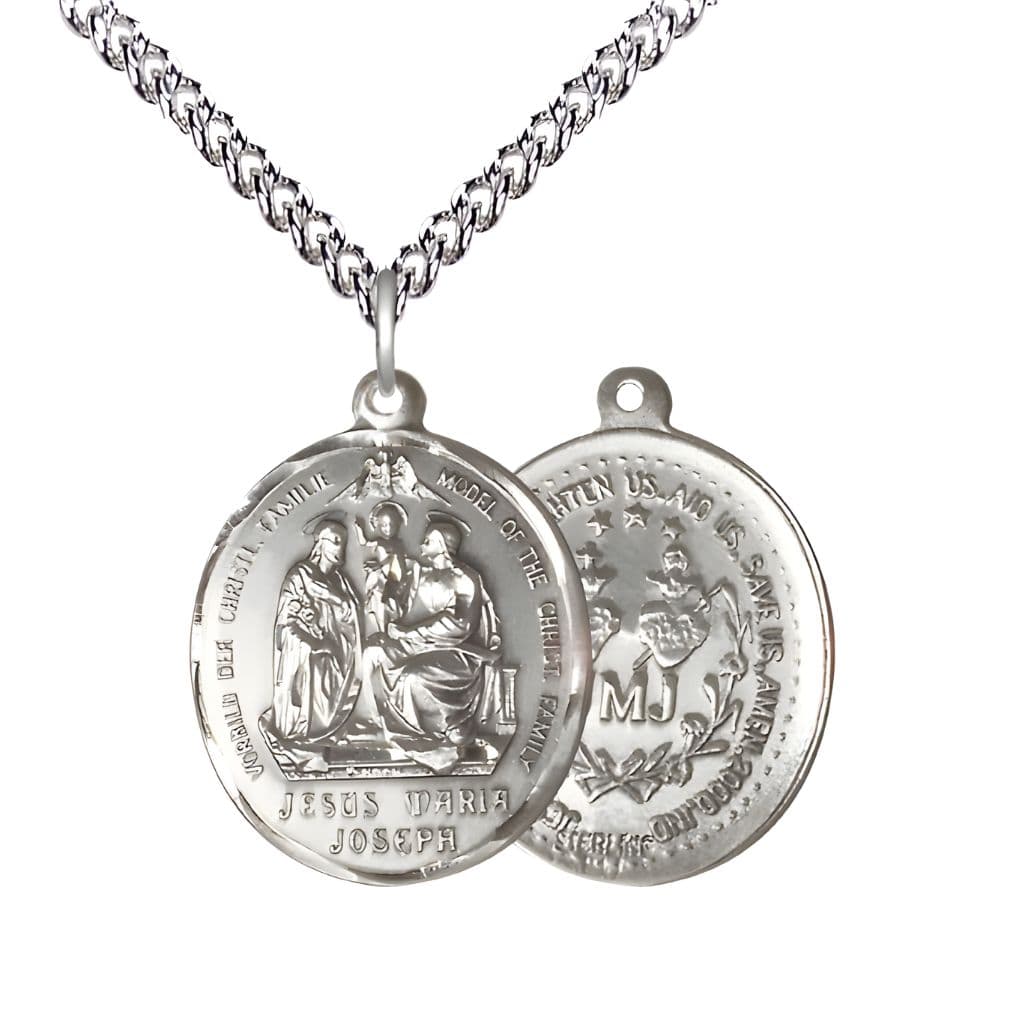 Bliss Holy Family Jesus, Maria & Joseph Sterling Silver Medal with Sterling Chain, Measures 3/4-inch tall by 1-inch wide.
