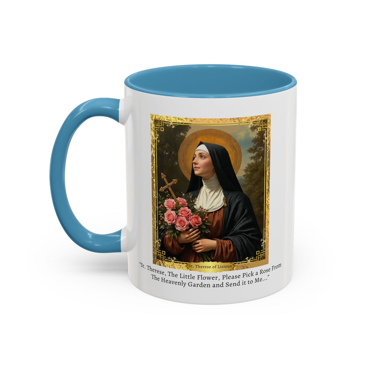 St. Therese of Lisieux Rose from Heaven Prayer Card Devotional Coffee Mug - 11oz Little Flower Accent Cup