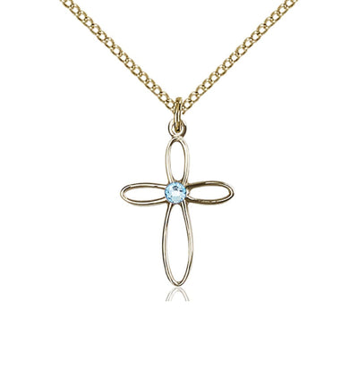 Birthstone Gold-Filled Loop Cross Pendant with Aqua Austrian Crystals, Bliss Manufacturing