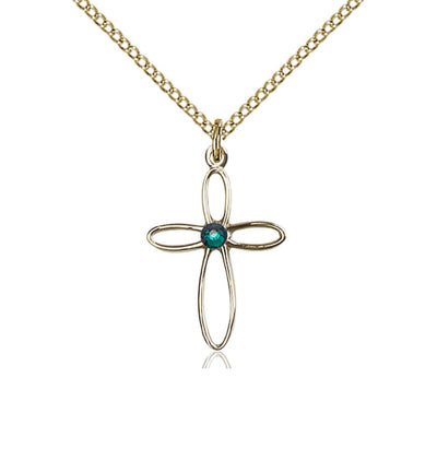 Birthstone 14kt Gold Loop Cross Pendant May Emerald Austrian Crystals With 14kt Chain, Bliss Manufacturing