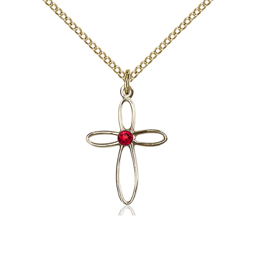 Bliss Birthstone Gold-filled Loop Cross Pendant w/Ruby Austrian Crystals,