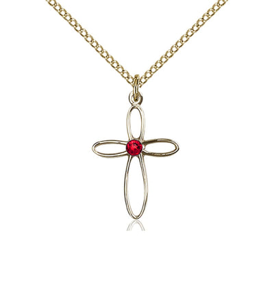 Birthstone Gold-Filled Loop Cross Pendant with Ruby Austrian Crystals, Bliss Manufacturing