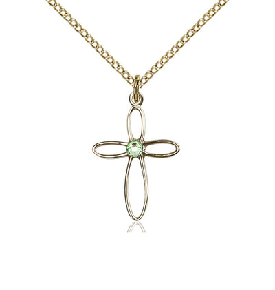 Birthstone Gold-Filled Loop Cross Pendant with Peridot Austrian Crystals, Bliss Manufacturing