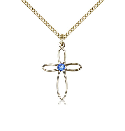 Birthstone Gold-Filled Loop Cross Pendant with Sapphire Austrian Crystals, Bliss Manufacturing