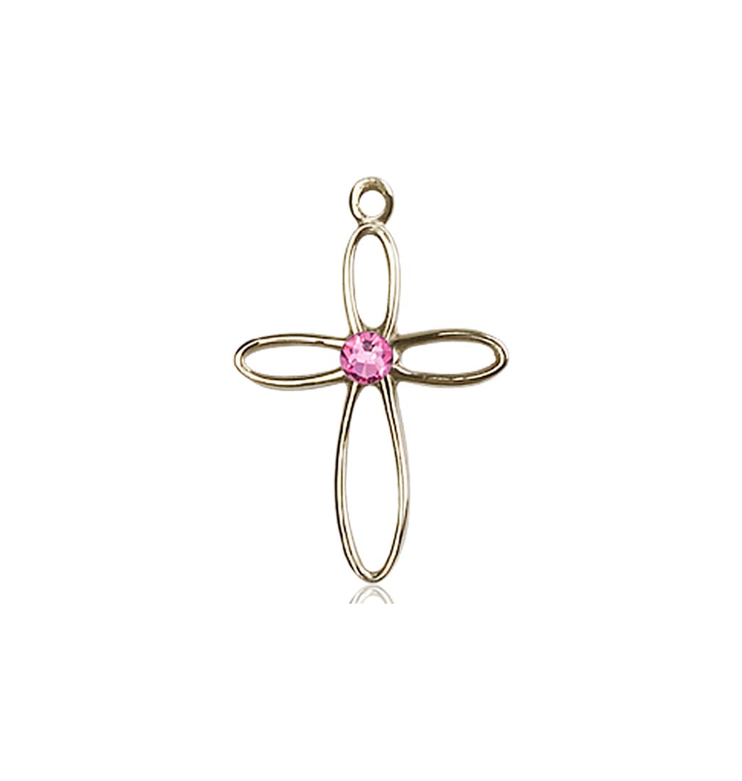 Bliss Birthstone 14kt Gold Loop Cross Pendant w/Rose Austrian Crystals,