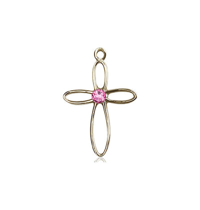 Birthstone 14kt Gold Loop Cross Pendant with Rose Austrian Crystals, Bliss Manufacturing