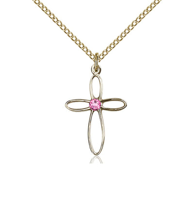 Birthstone 14kt Gold Loop Cross Pendant with Rose Austrian Crystals With 14kt Chain, Bliss Manufacturing