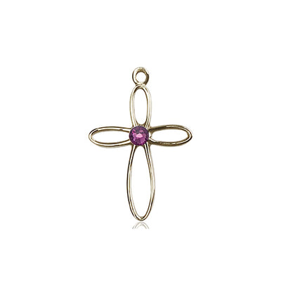 Birthstone 14kt Gold Loop Cross Pendant with Amethyst Austrian Crystals, Bliss Manufacturing