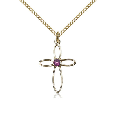 Birthstone 14kt Gold Loop Cross Pendant with Amethyst Austrian Crystals With 14kt Chain, Bliss Manufacturing