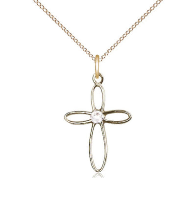 Birthstone 14kt Gold Loop Cross Pendant with April Austrian Crystals With 14kt Chain, Bliss Manufacturing