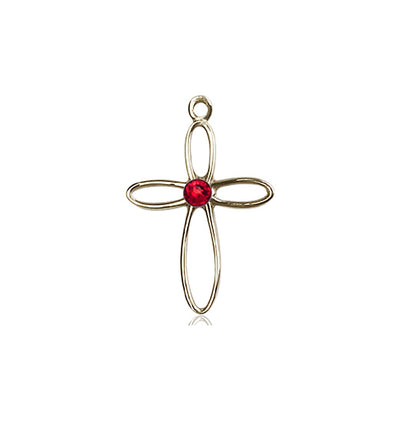 Birthstone 14kt Gold Loop Cross Pendant with Ruby Austrian Crystals, Bliss Manufacturing