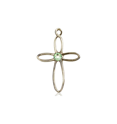 Birthstone 14kt Gold Loop Cross Pendant with Peridot Austrian Crystals, Bliss Manufacturing