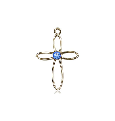 Birthstone 14kt Gold Loop Cross Pendant with Sapphire Austrian Crystals, Bliss Manufacturing