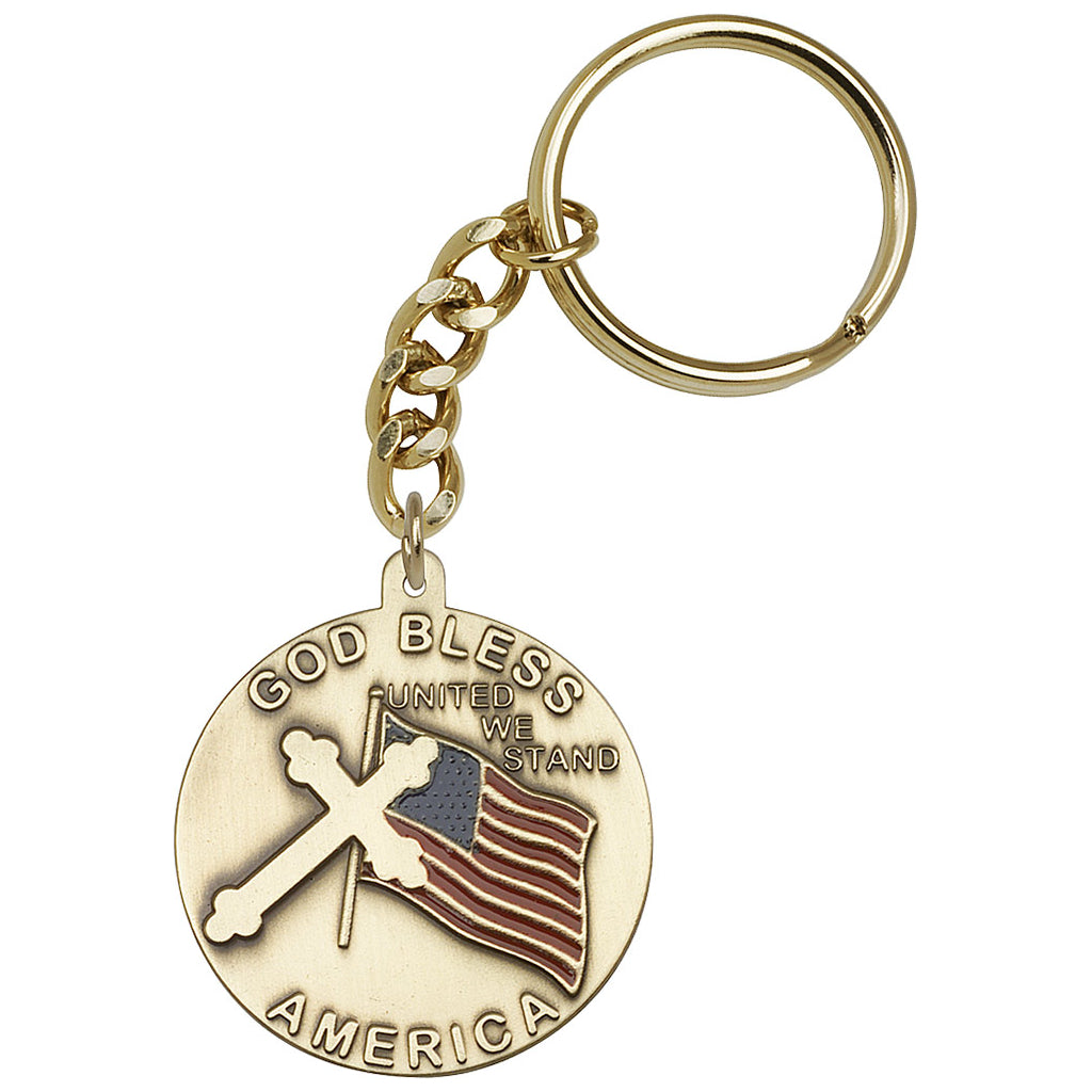 Gold Round God Bless America with a Flag and Cross Key Chain