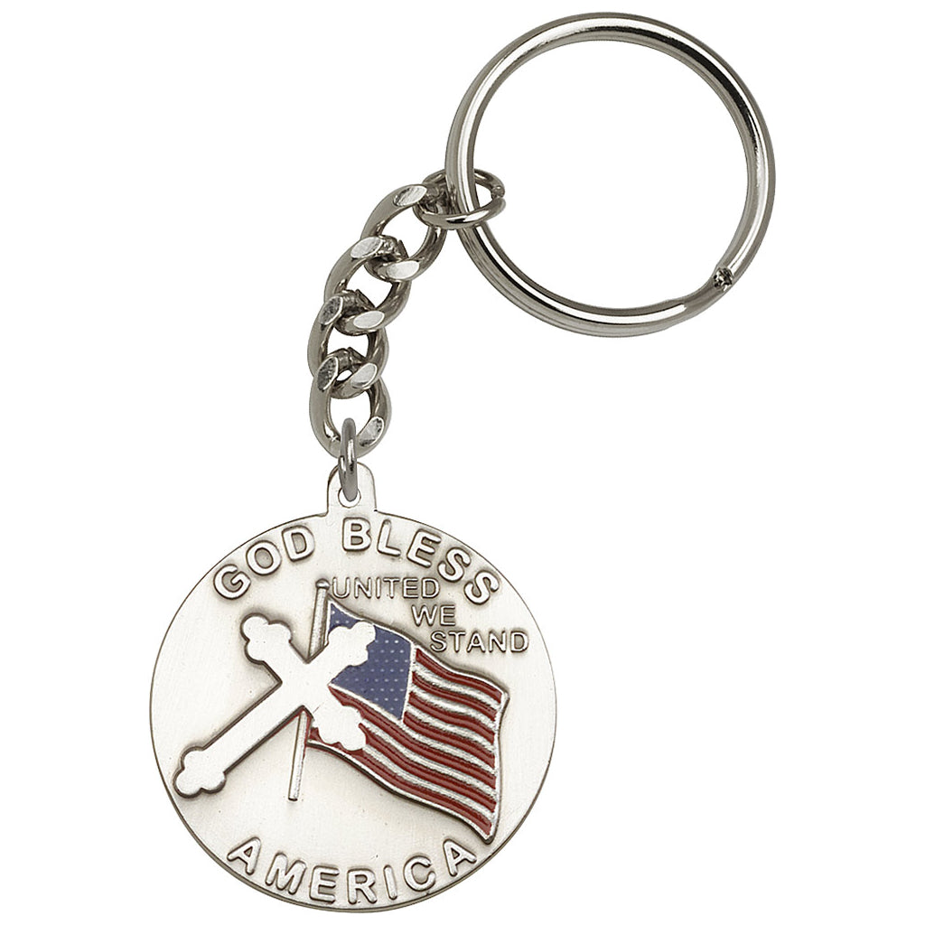 Pewter Round God Bless America with a Flag and Cross Key Chain