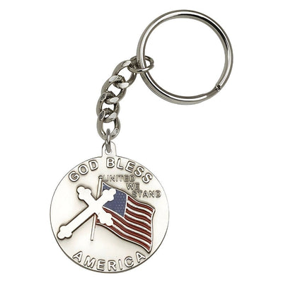 Pewter Round God Bless America with a Flag and Cross Key Chain, Made in USA, Bliss Manufacturing