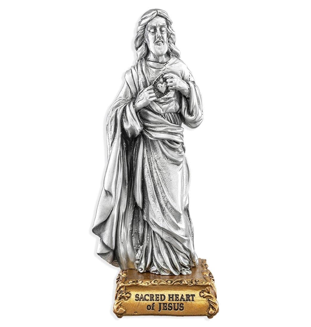 Sacred Heart of Jesus Patron Saint Pewter Statue on Gold Tone Base