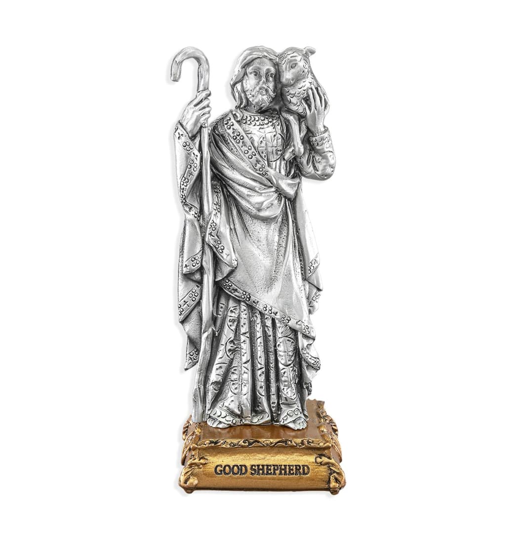 Hirten Jesus the Good Shepherd Pewter Statue on Gold Tone Base,