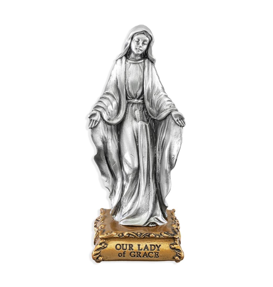 Hirten Our Lady of Grace Pewter Statue on Gold Tone Base,