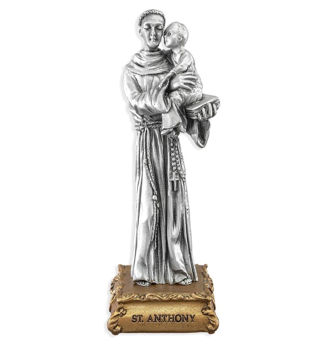 Hirten St Anthony of Padua Patron Saint Pewter Statue on Gold Tone Base,