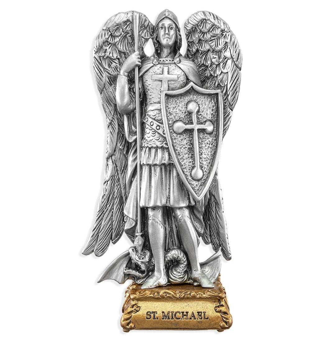 Hirten St Michael the Archangel Patron Saint Pewter Statue on Gold Tone Base,