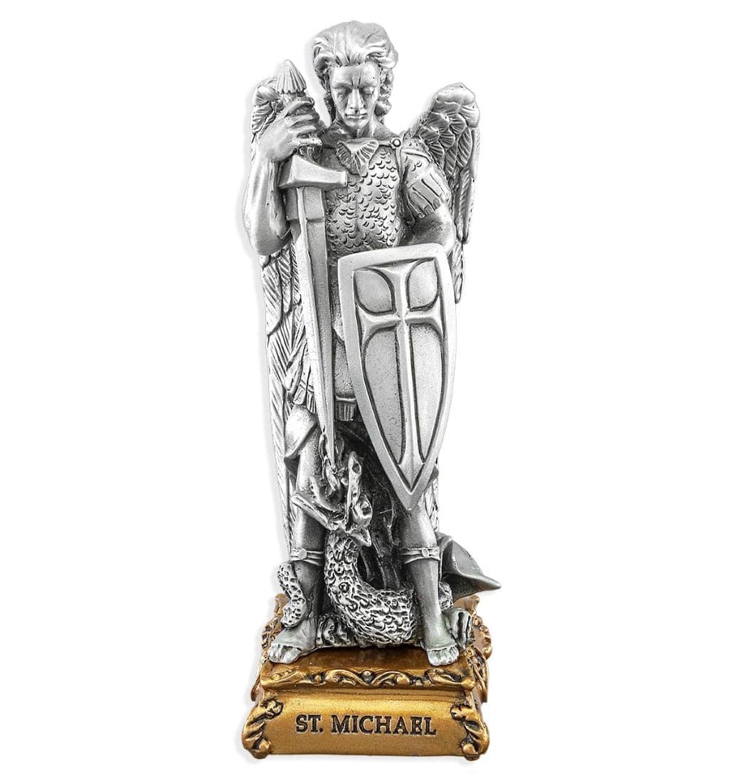 Hirten St Michael Defender of Diviner Glory Patron Saint Pewter Statue on Gold Tone Base,