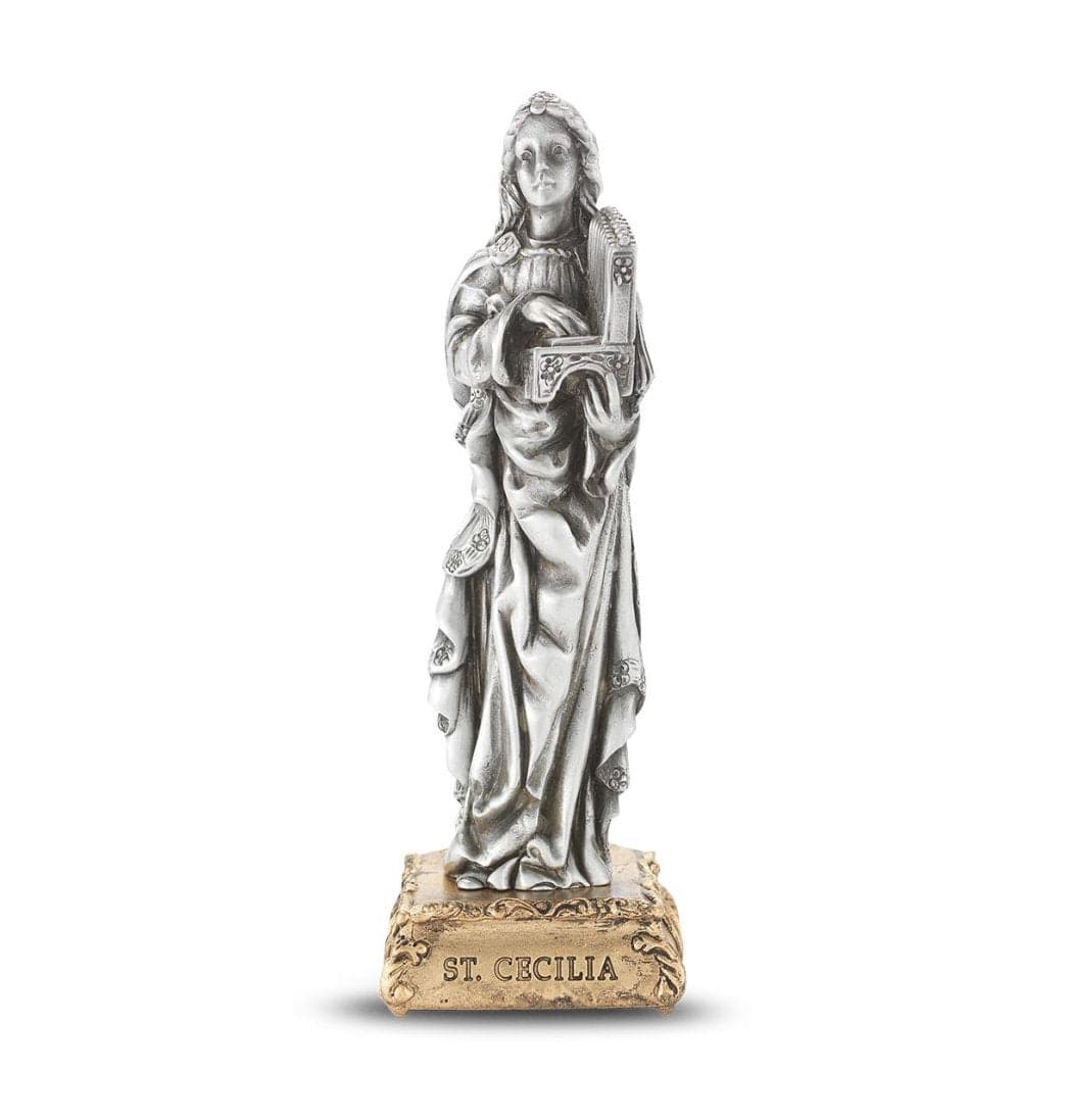 Hirten St Cecilia Patron Saint Pewter Statue on Gold Tone Base,