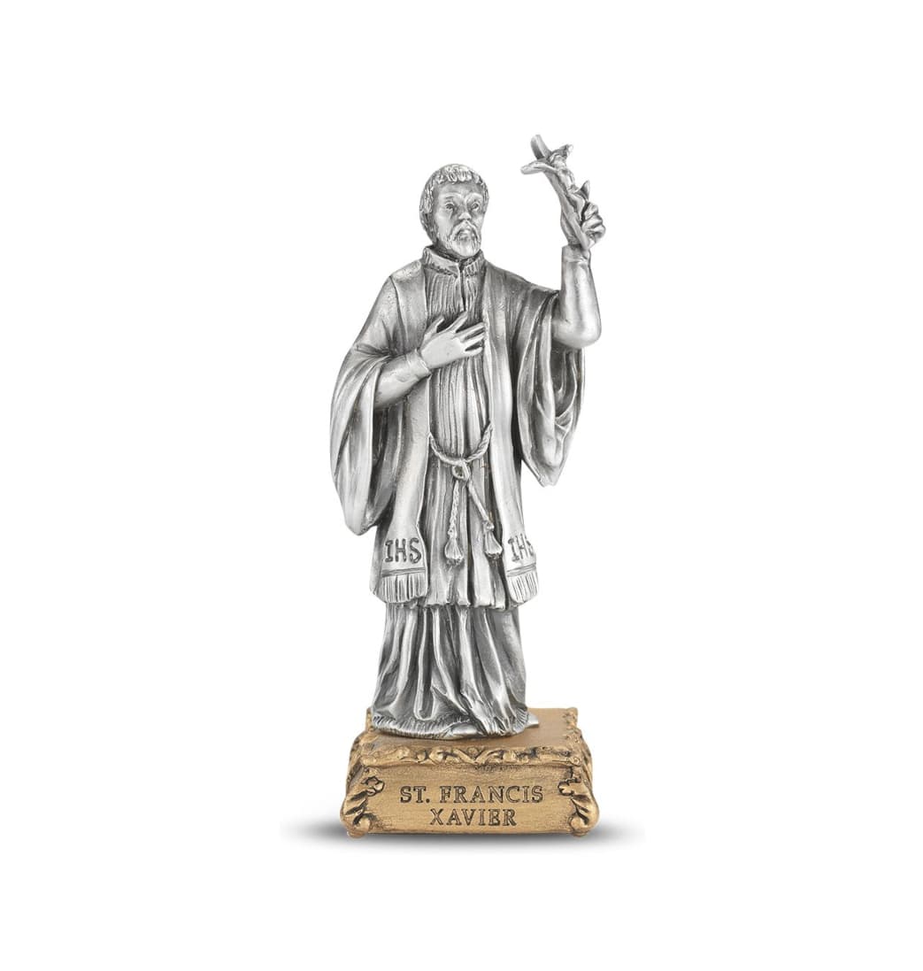 St Francis Xavier Patron Saint Pewter Statue on Gold Tone Base