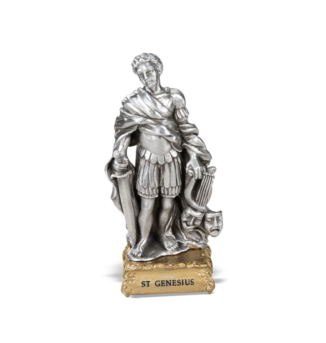 Hirten St Genesius the Patron of Actors Pewter Statue on Gold Tone Base,