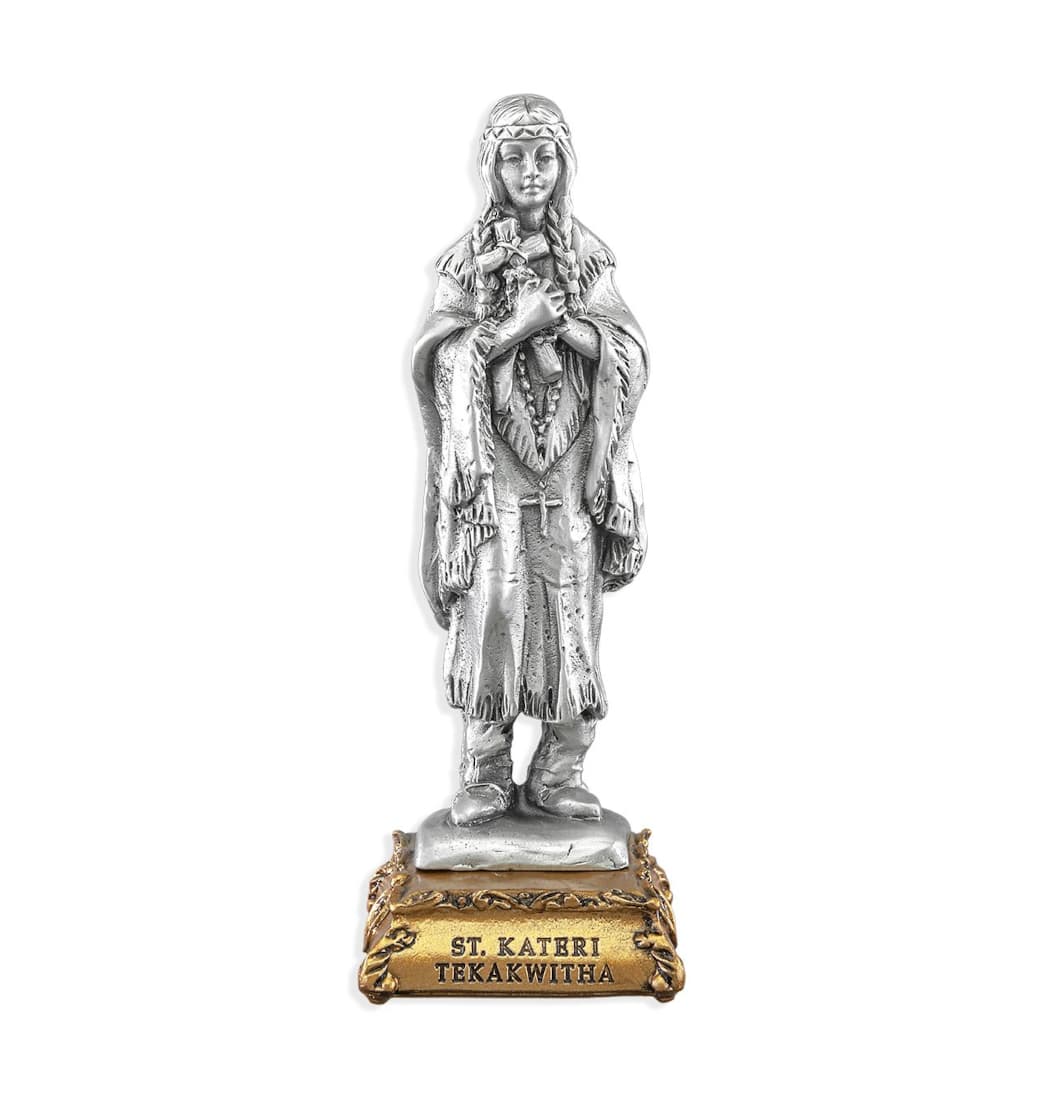 Hirten St Kateri Tekakwitha Patron Saint Pewter Statue on Gold Tone Base,