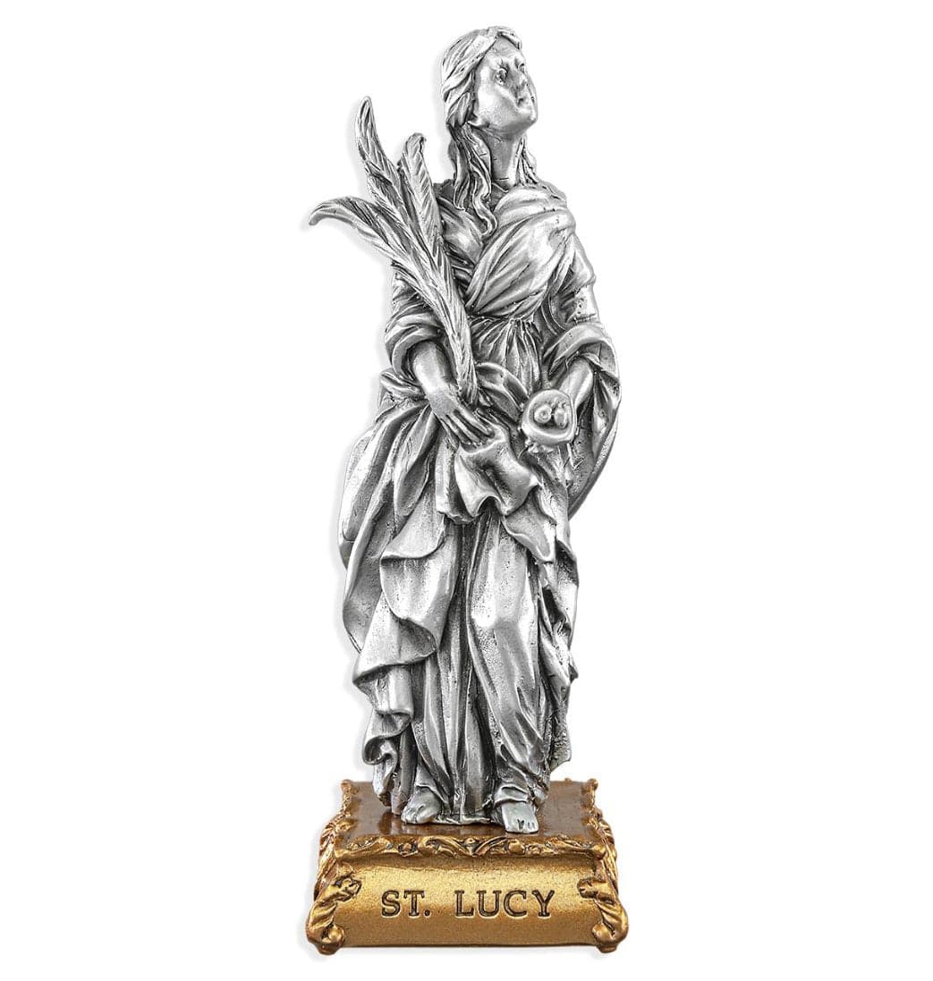 Hirten St Lucy of Syracuse Patron Saint Pewter Statue on Gold Tone Base,