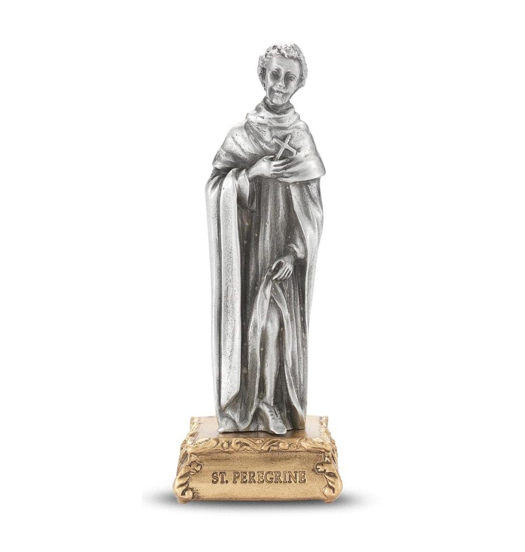 St Peregrine Laziosi Patron Saint Pewter Statue on Gold Tone Base,