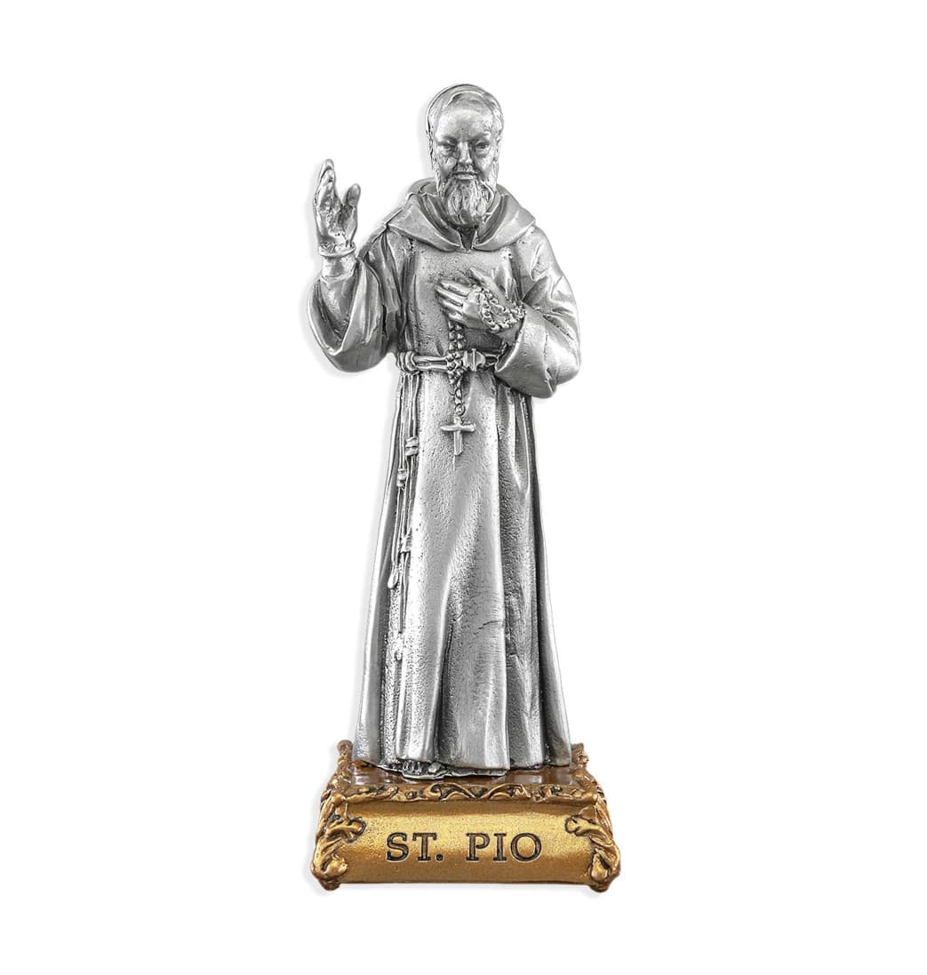 Hirten St Padre Pio Patron Saint Pewter Statue on Gold Tone Base,