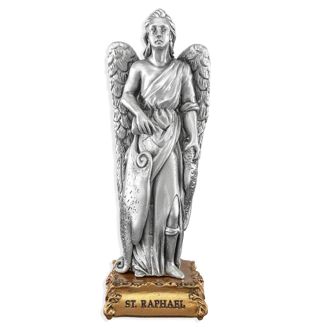 St Raphael the Archangel Patron Saint Pewter Statue on Gold Tone Base,