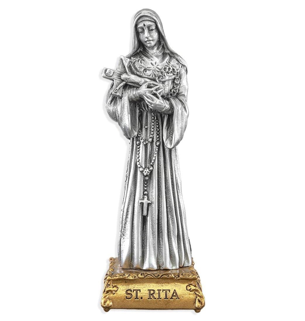 Hirten St Rita of Cascia Patron Saint Pewter Statue on Gold Tone Base,