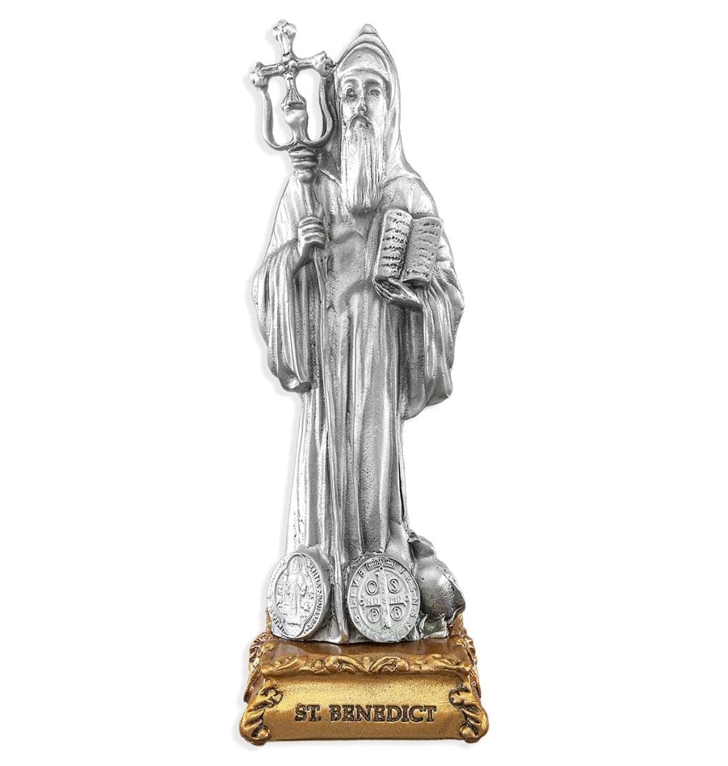 Hirten St Benedict Patron Saint Pewter Statue on Gold Tone Base,