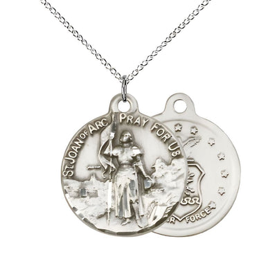 Air Force St. Joan of Arc Sterling Silver Oval Medal Pendant with Sterling Silver Chain, Measures 7/8-inch tall by 3/4-inch wide. Deluxe Gift Box, Bliss Manufacturing