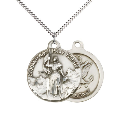 Army St. Joan of Arc Sterling Silver Oval Medal Pendant with Rhodium-plated Chain, Measures 7/8-inch tall by 3/4-inch wide. Deluxe Gift Box, Bliss Manufacturing