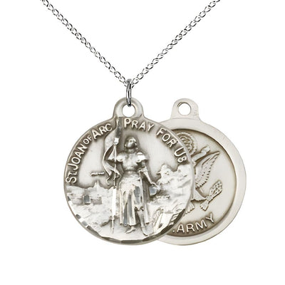 Army St. Joan of Arc Sterling Silver Oval Medal Pendant with Sterling Silver Chain, Measures 7/8-inch tall by 3/4-inch wide. Deluxe Gift Box, Bliss Manufacturing