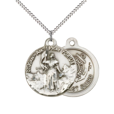 Coast Guard St. Joan of Arc Sterling Silver Oval Medal Pendant with Rhodium-plated Chain, Measures 7/8-inch tall by 3/4-inch wide. Deluxe Gift Box, Bliss Manufacturing