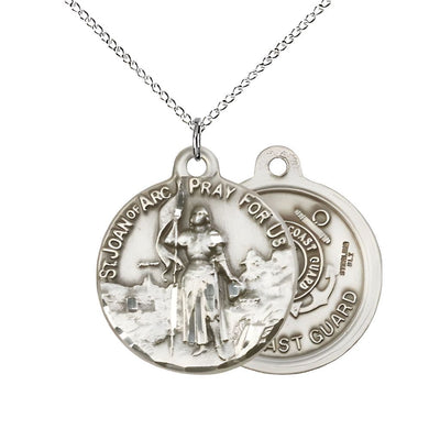 Coast Guard St. Joan of Arc Sterling Silver Oval Medal Pendant with Sterling Silver Chain, Measures 7/8-inch tall by 3/4-inch wide. Deluxe Gift Box, Bliss Manufacturing