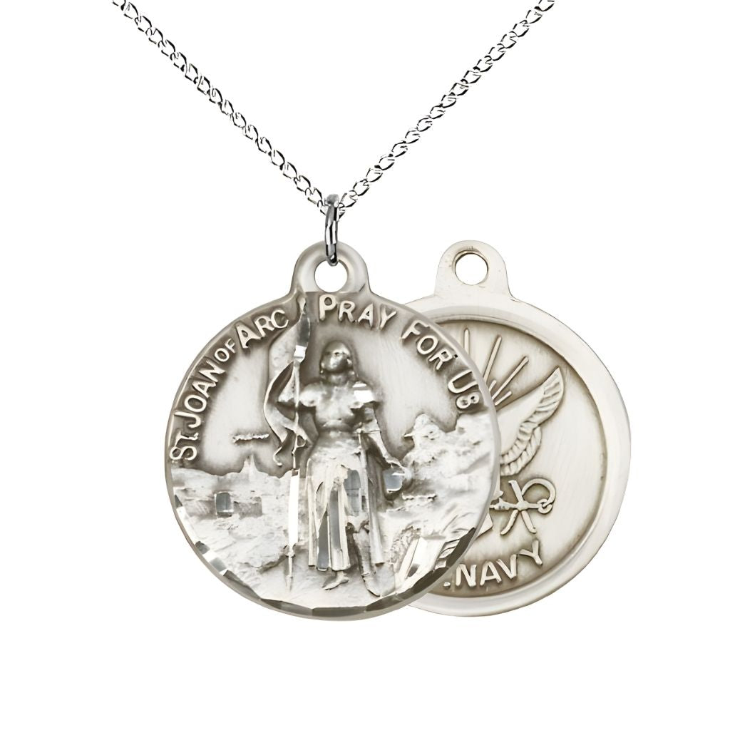 Bliss Navy St. Joan of Arc Sterling Silver Oval Medal Pendant with Sterling Silver Chain, Measures 7/8-inch tall by 3/4-inch wide. Deluxe Gift Box.