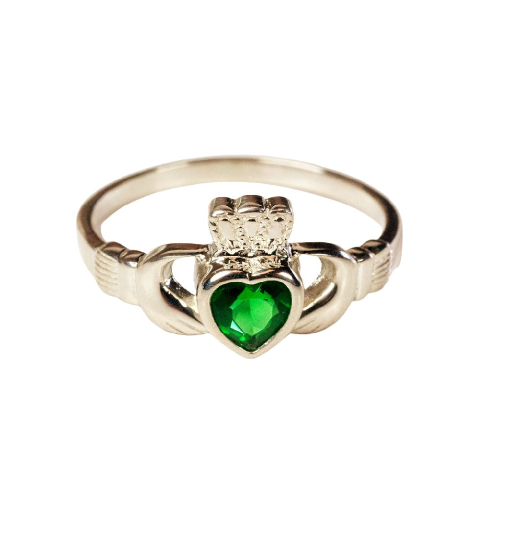 Bliss Irish Claddagh w/Emerald Glass Stone 14kt Gold Ring,