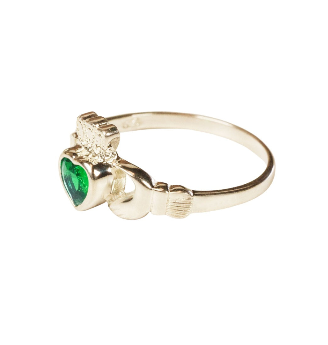 Irish Claddagh w/Emerald Glass Stone 14kt Gold Ring,